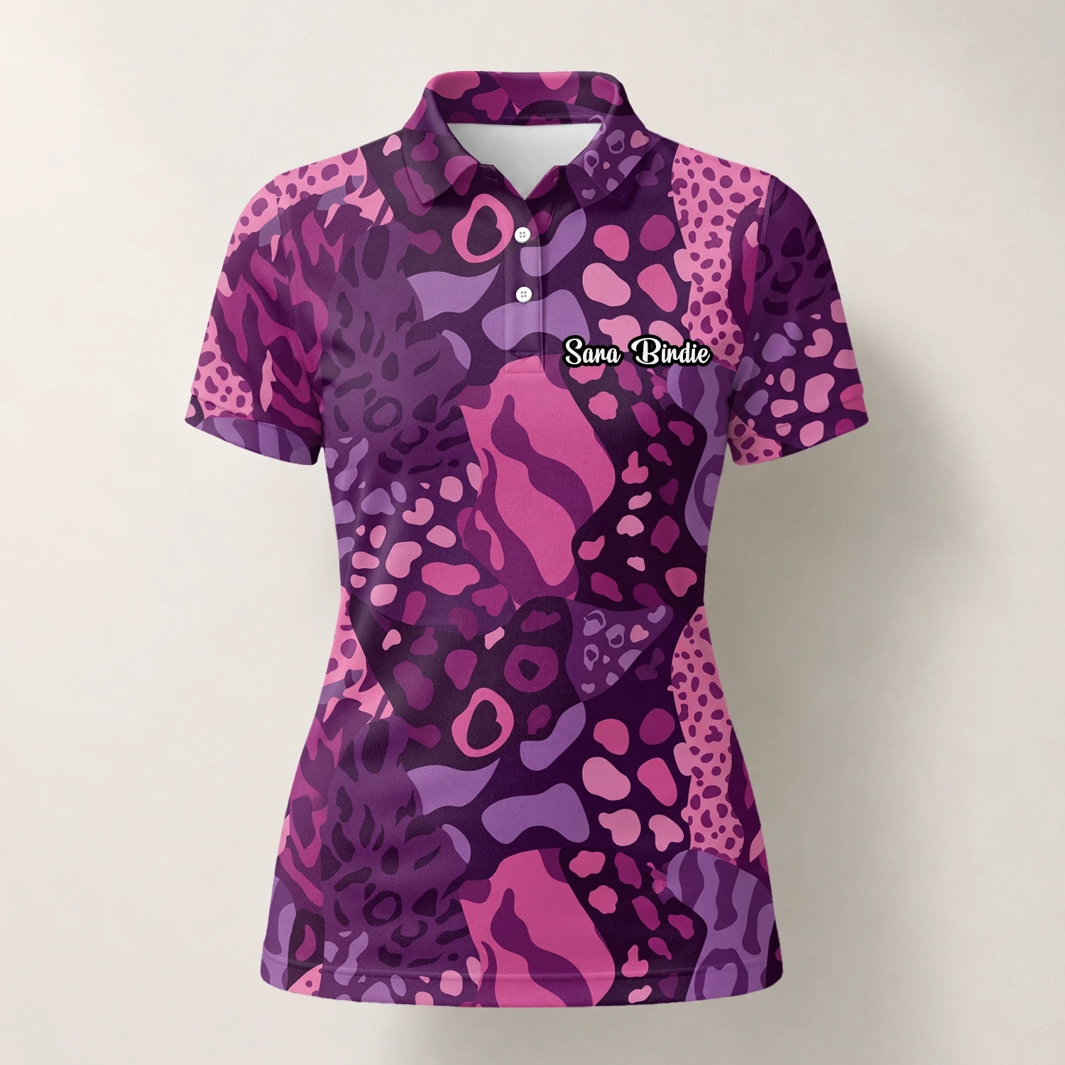 Personalised Purple Pink Leopard Camo Golf Polo Shirt For Women I6540