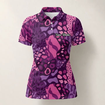 Personalised Purple Pink Leopard Camo Golf Polo Shirt For Women I6540