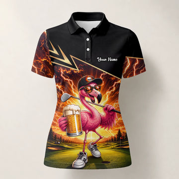 Personalised Black Orange Flamingo Beer Golfer Lightning Golf Polo Shirt For Women E3673