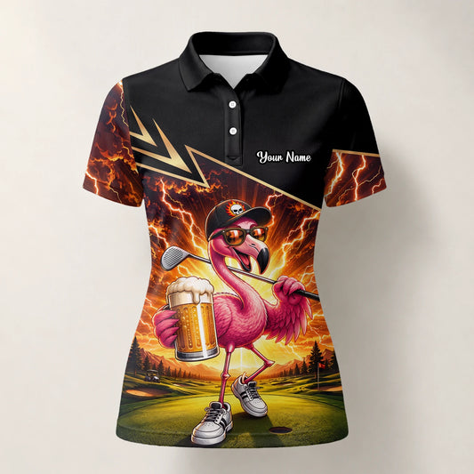 Personalised Black Orange Flamingo Beer Golfer Lightning Golf Polo Shirt For Women E3673