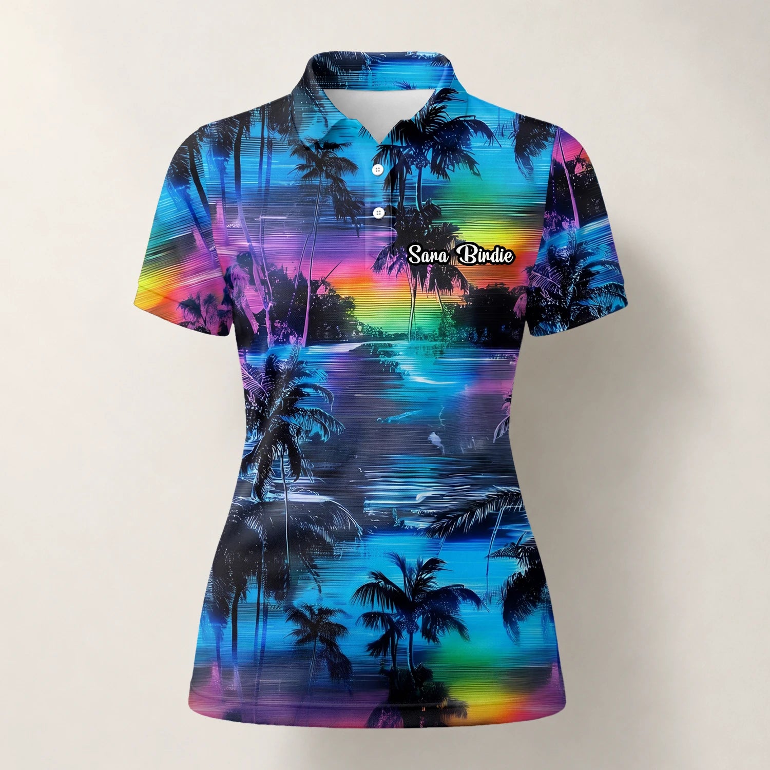 Personalised Blue Purple Palm Sunset Golf Polo Shirt For Women K8435