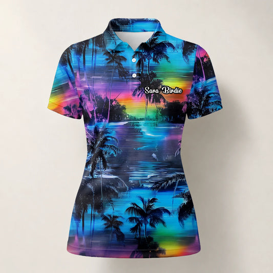 Personalised Blue Purple Palm Sunset Golf Polo Shirt For Women K8435