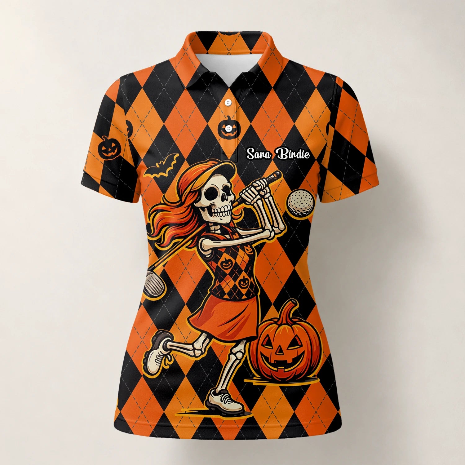 Personalised Orange Black Halloween Skeleton Golfer Pumpkin Argyle Golf Polo Shirt For Women Z9562