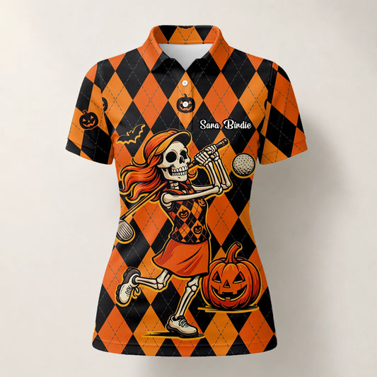 Personalised Orange Black Halloween Skeleton Golfer Pumpkin Argyle Golf Polo Shirt For Women Z9562