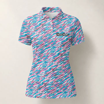 Personalised Pink Teal Abstract Speckle Golf Polo Shirt For Women S1159
