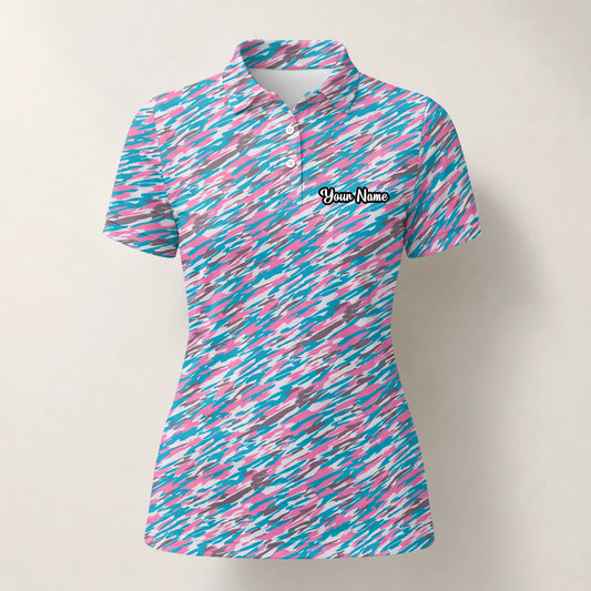Personalised Pink Teal Abstract Speckle Golf Polo Shirt For Women S1159