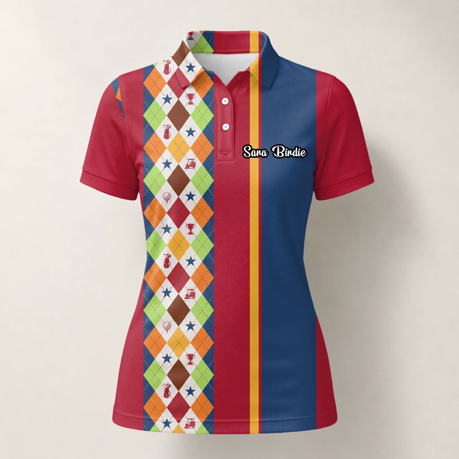 Personalised Red Blue Colourful Argyle Golf Polo Shirt For Women V1769