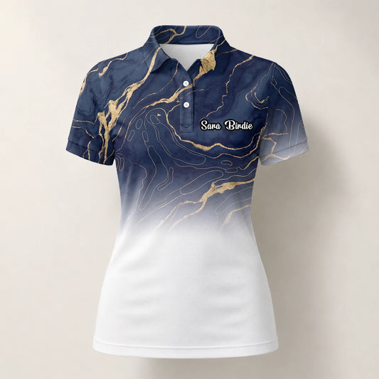 Personalised Navy White Marble Gold Vein Golf Polo Shirt For Women U5613