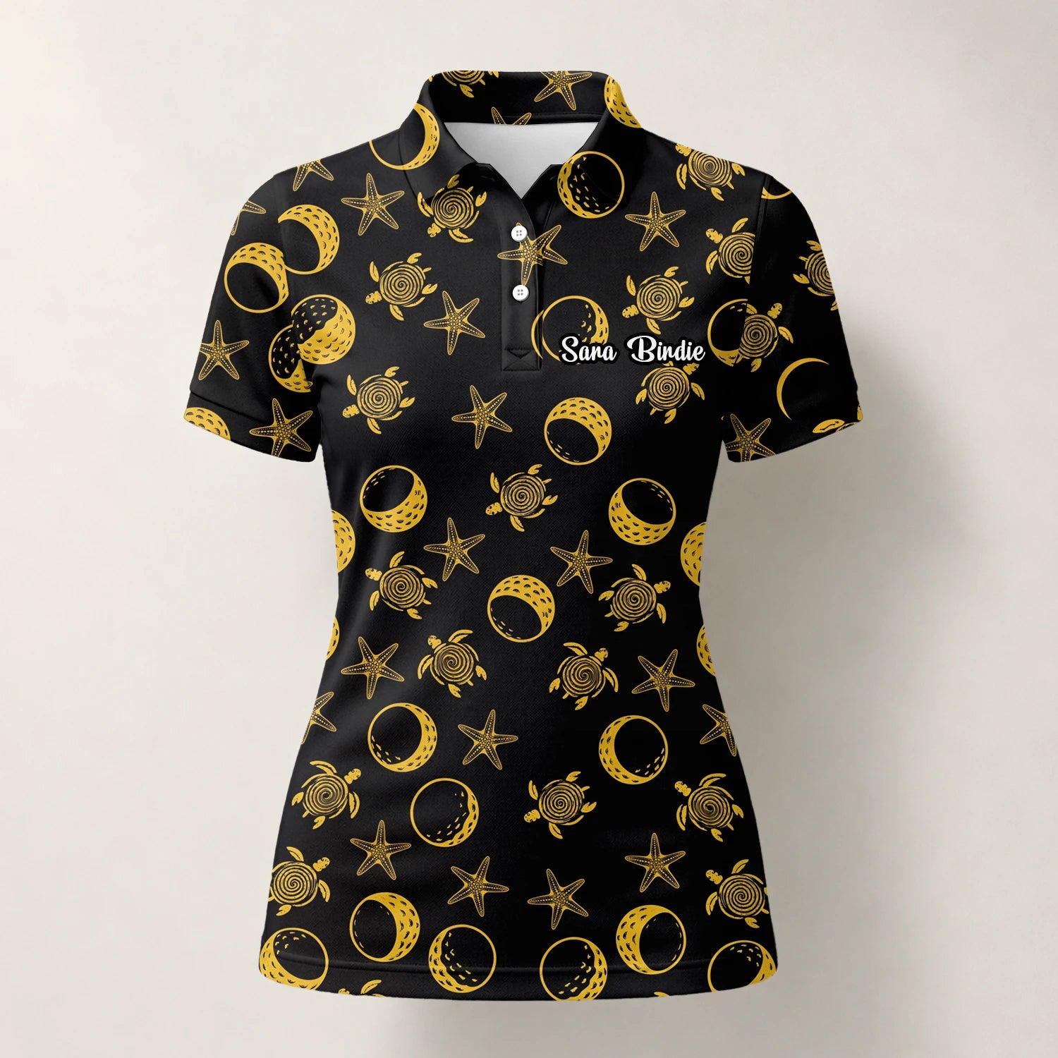 Personalised Black Gold Sea Turtle Moon Star Golf Polo Shirt For Women V4483