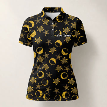 Personalised Black Gold Sea Turtle Moon Star Golf Polo Shirt For Women V4483