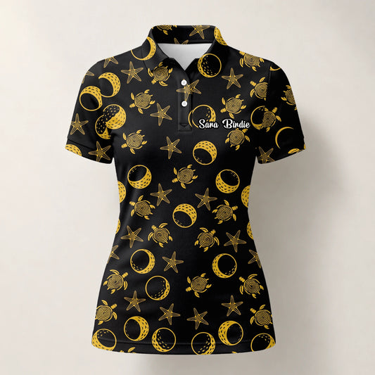 Personalised Black Gold Sea Turtle Moon Star Golf Polo Shirt For Women V4483