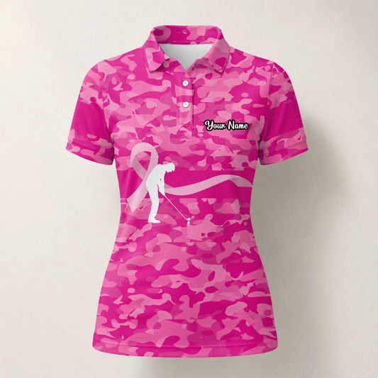 Personalised Pink Camo Breast Cancer Awareness Ribbon Golfer Golf Polo Shirt For Women Z3179