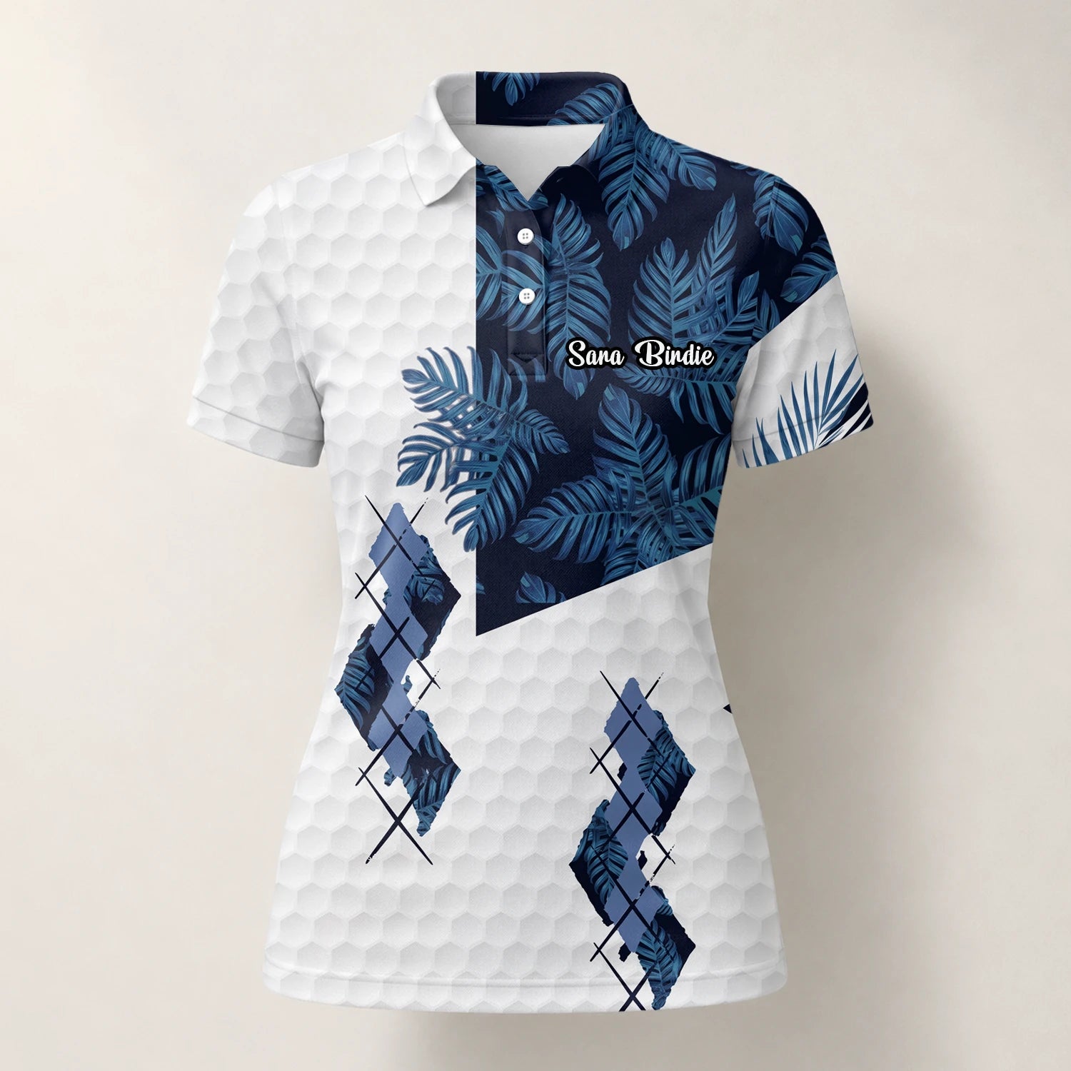 Personalised White Navy Tropical Leaf Argyle Golf Polo Shirt For Women D6549