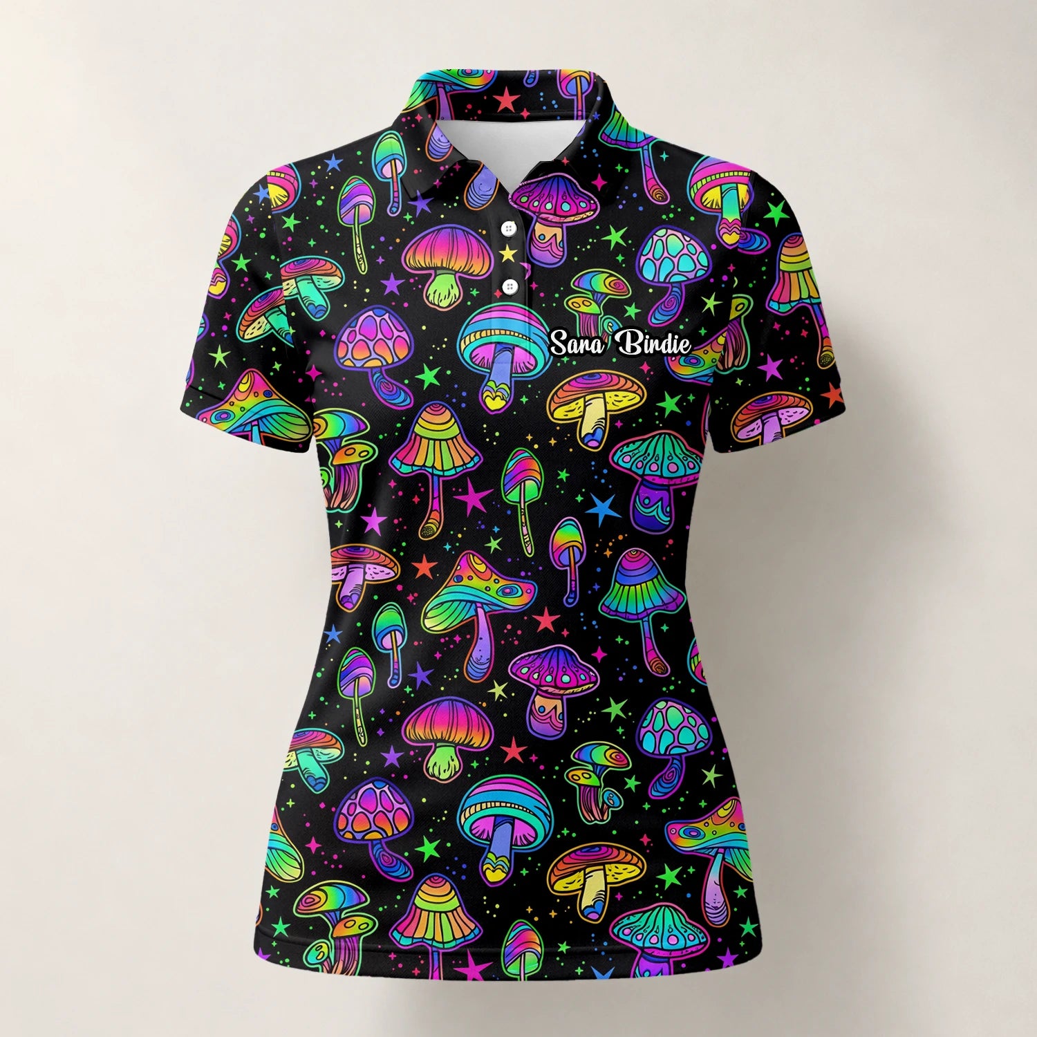 Personalised Black Neon Mushroom Psychedelic Golf Polo Shirt For Women L0182