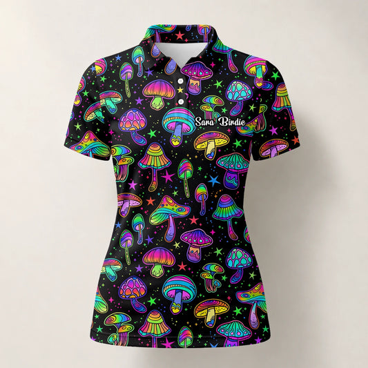 Personalised Black Neon Mushroom Psychedelic Golf Polo Shirt For Women L0182