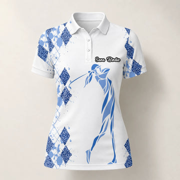 Personalised White Blue Argyle Golfer Silhouette Golf Polo Shirt For Women M6672