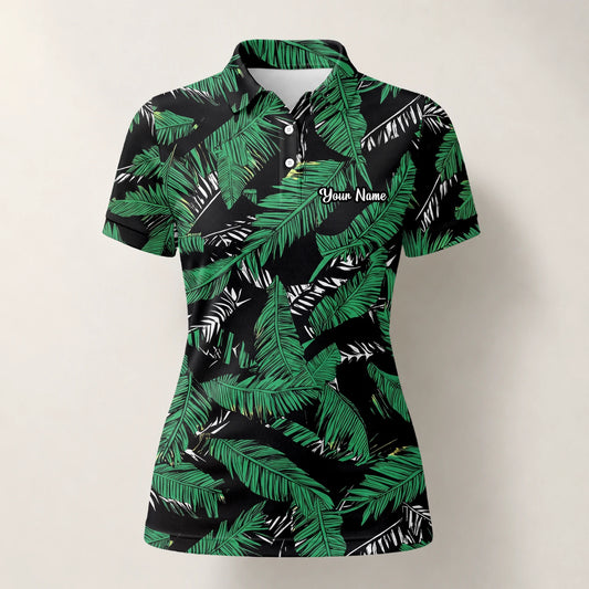Personalised Black Green Tropical Banana Leaf Golf Polo Shirt For Women K8023