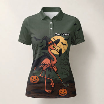 Personalised Olive Halloween Flamingo Witch Golfer Pumpkin Golf Polo Shirt For Women X5811
