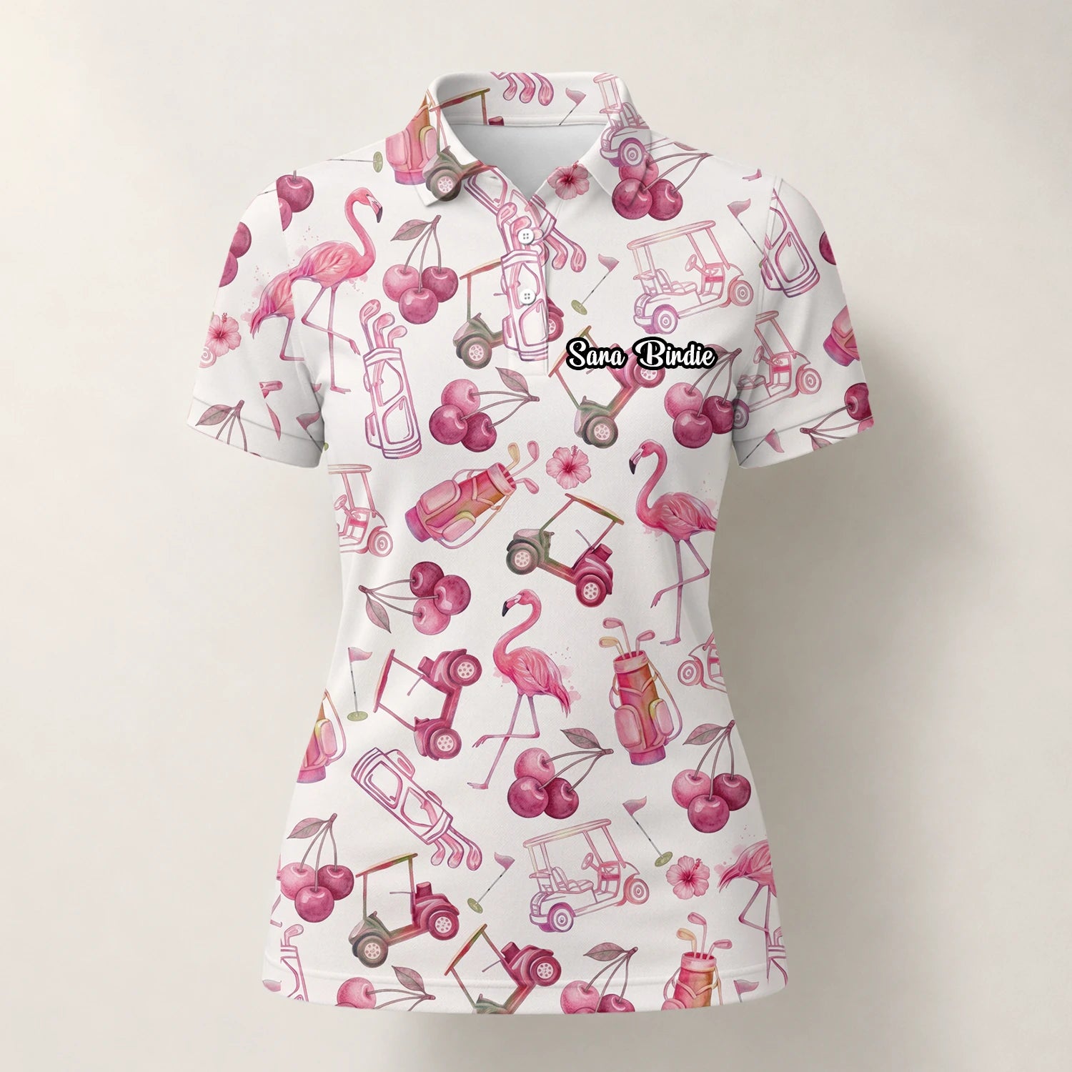 Personalised Cream Pink Flamingo Golf Cart Cocktail Golf Polo Shirt For Women T9296
