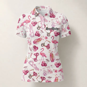 Personalised Cream Pink Flamingo Golf Cart Cocktail Golf Polo Shirt For Women T9296