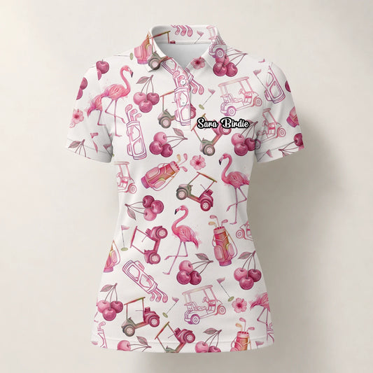 Personalised Cream Pink Flamingo Golf Cart Cocktail Golf Polo Shirt For Women T9296
