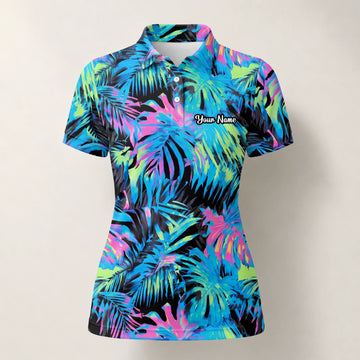 Personalised Black Neon Tropical Leaf Golf Polo Shirt For Women D2207
