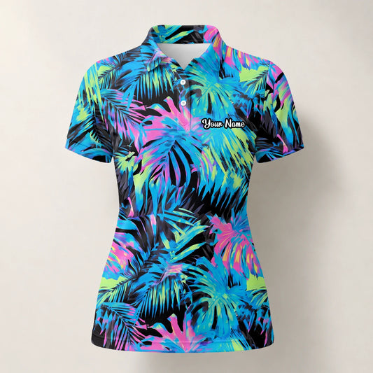 Personalised Black Neon Tropical Leaf Golf Polo Shirt For Women D2207