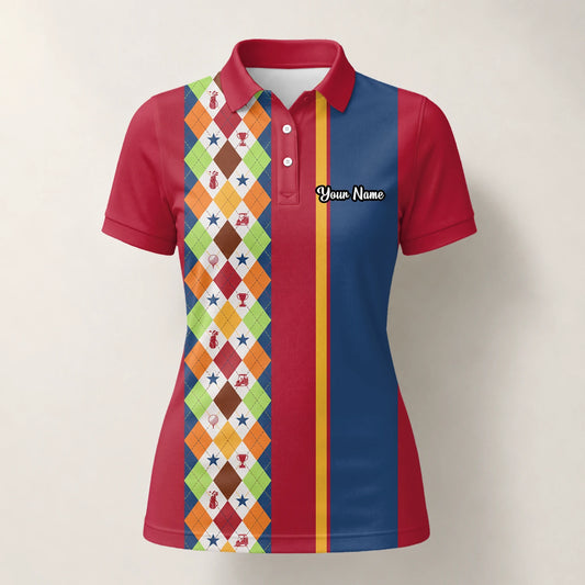 Personalised Red Blue Colourful Argyle Golf Polo Shirt For Women V1769