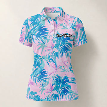 Personalised Pink Blue Tropical Leaf Golf Polo Shirt For Women K0497