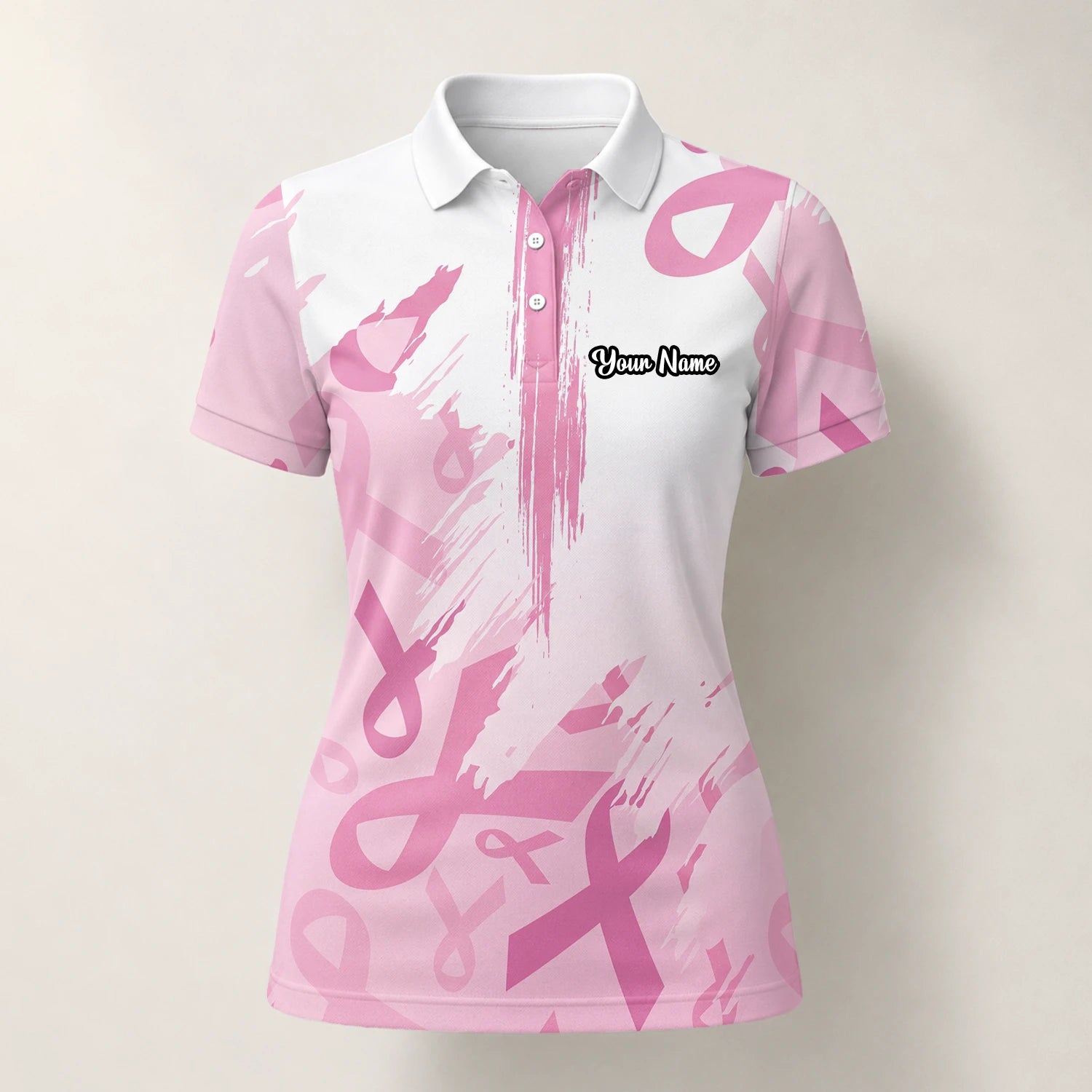 Personalised White Pink Breast Cancer Awareness Ribbon Brush Stroke Golf Polo Shirt For Women U4702