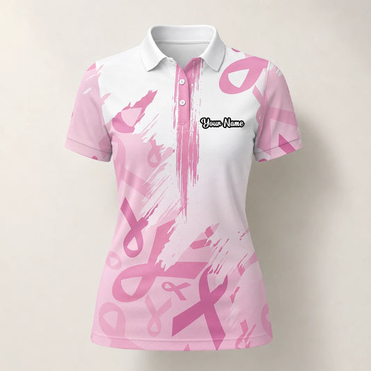 Personalised White Pink Breast Cancer Awareness Ribbon Brush Stroke Golf Polo Shirt For Women U4702