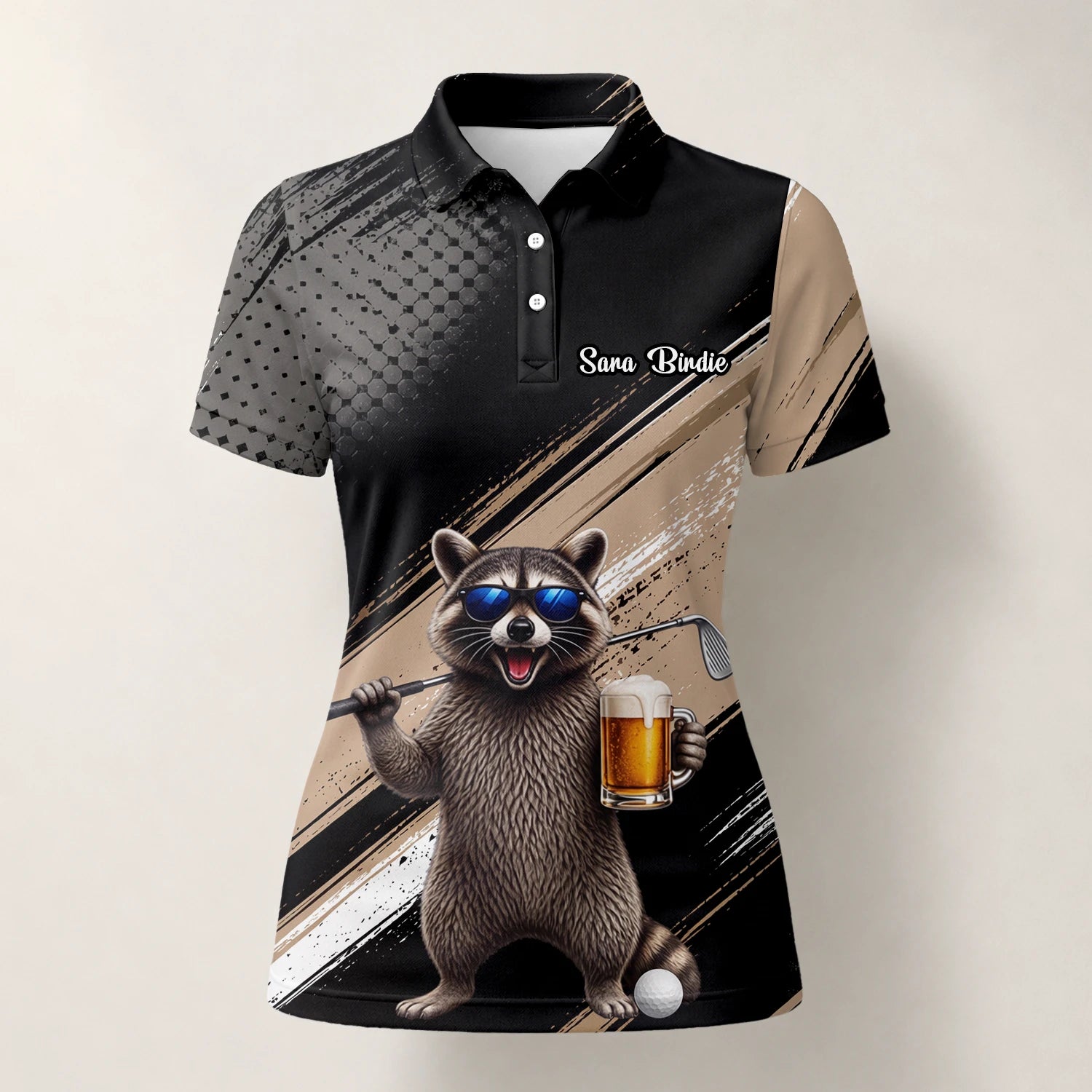 Personalised Black Beige Raccoon Beer Golfer Cartoon Golf Polo Shirt For Women K7921