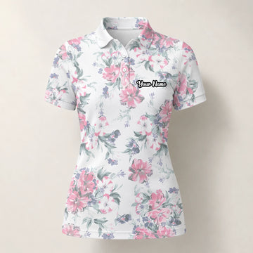 Personalised White Pink Floral Leaf Golf Polo Shirt For Women H5152