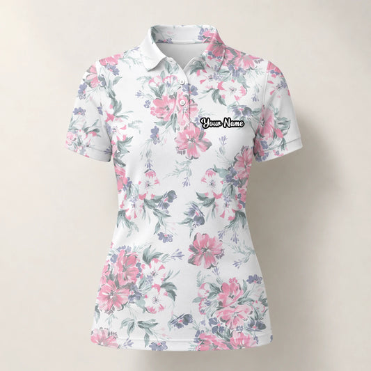 Personalised White Pink Floral Leaf Golf Polo Shirt For Women H5152