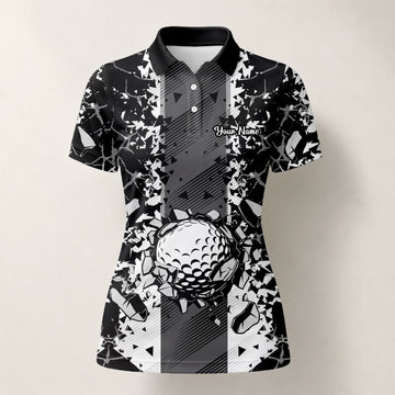 Personalised Black White Golf Ball Shattered Glass Golf Polo Shirt For Women F6407