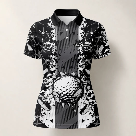 Personalised Black White Golf Ball Shattered Glass Golf Polo Shirt For Women F6407
