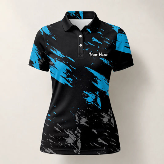 Personalised Black Blue Brush Stroke Golf Polo Shirt For Women H3779