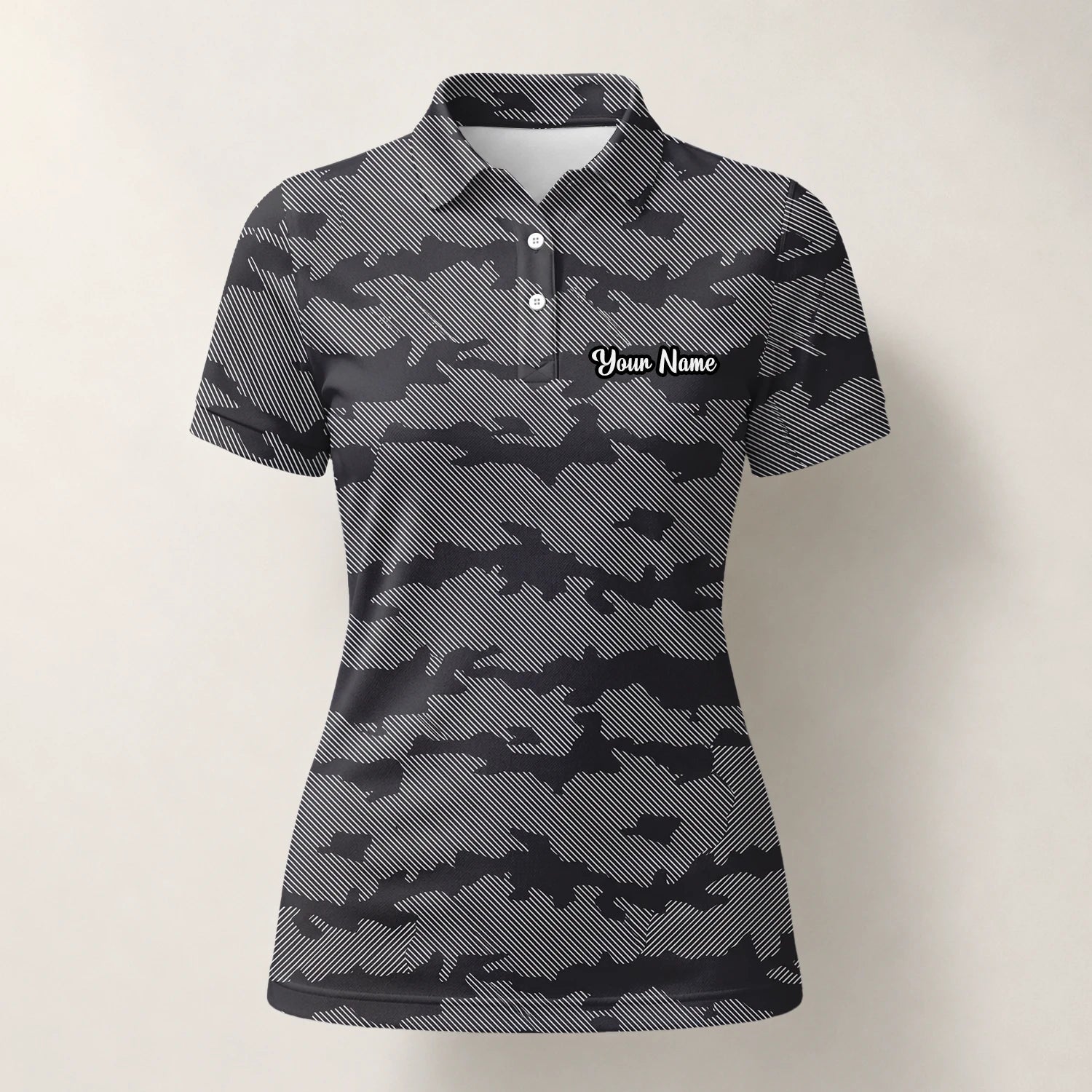 Personalised Grey Black Camo Golf Polo Shirt For Women R8701