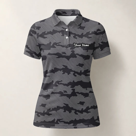 Personalised Grey Black Camo Golf Polo Shirt For Women R8701