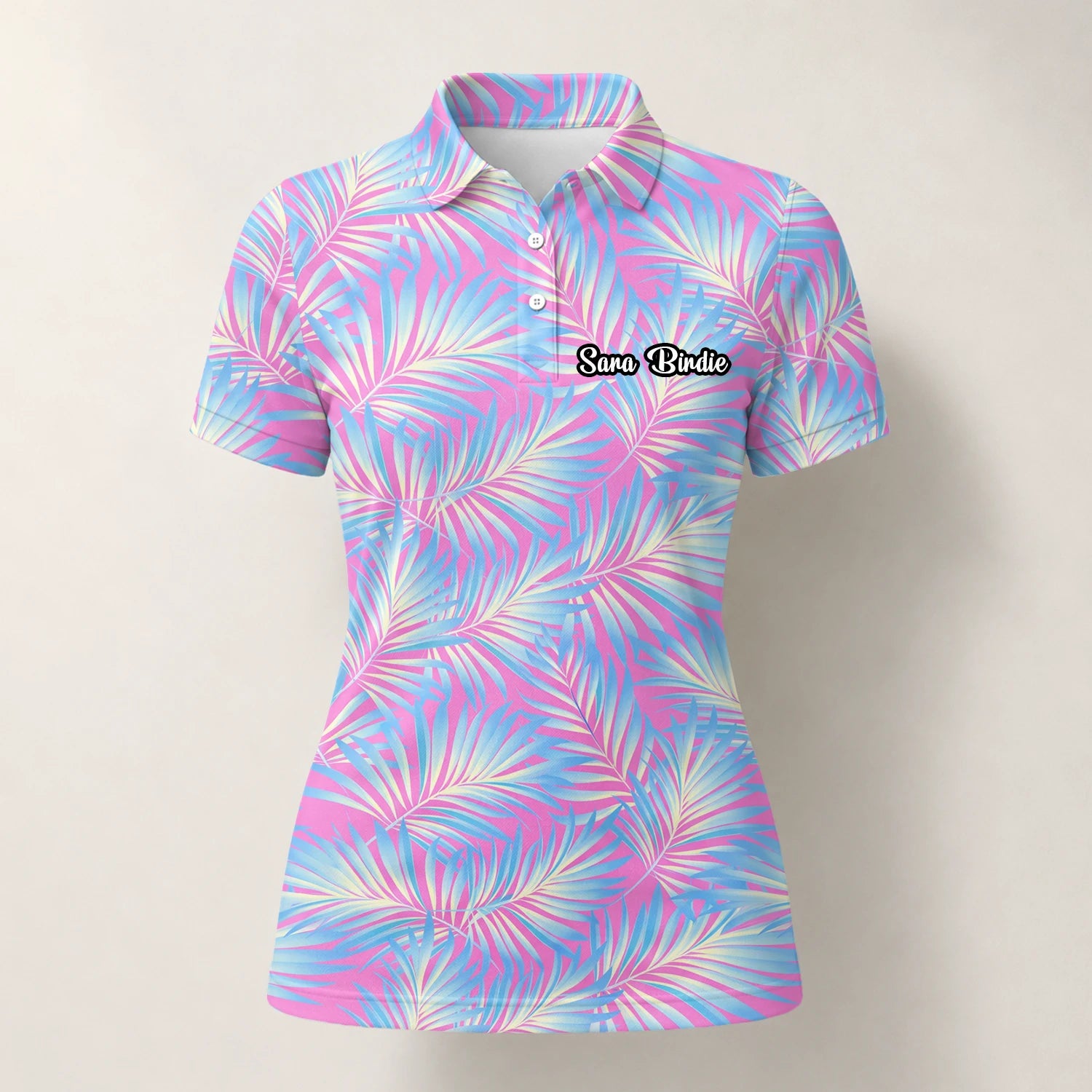 Personalised Pink Blue Palm Leaf Golf Polo Shirt For Women F1458