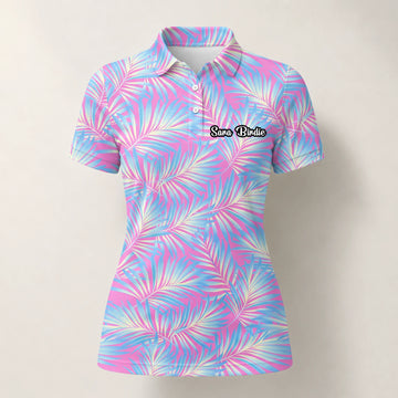 Personalised Pink Blue Palm Leaf Golf Polo Shirt For Women F1458