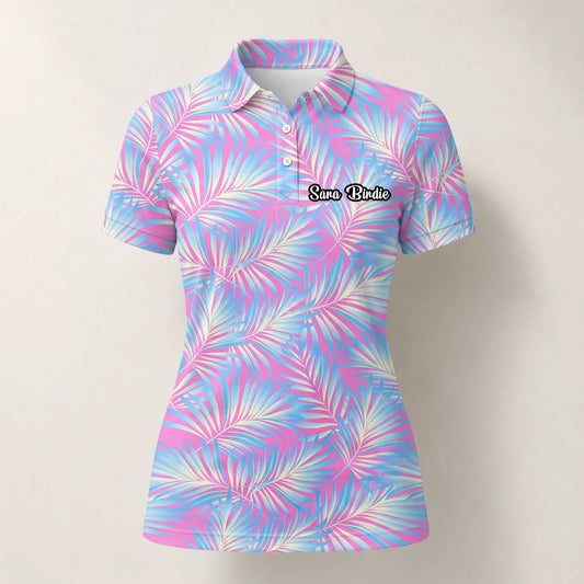 Personalised Pink Blue Palm Leaf Golf Polo Shirt For Women F1458