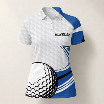Personalised White Blue Golf Ball Hexagon Golf Polo Shirt For Women S7973