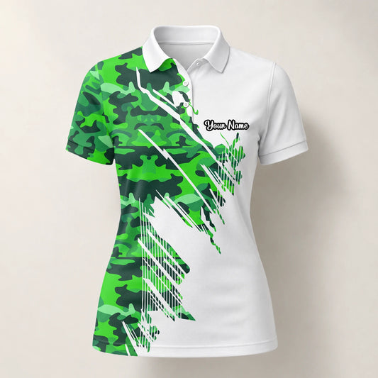Personalised White Green Camo Brush Stripe Golf Polo Shirt For Women E9788