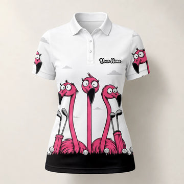 Personalised White Pink Flamingo Cartoon Golf Polo Shirt For Women I6113