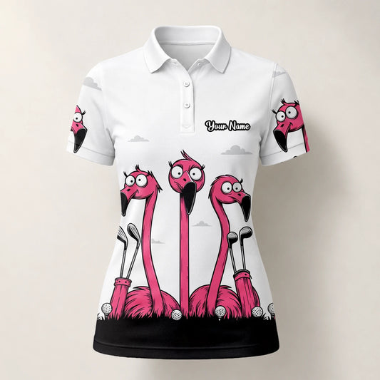 Personalised White Pink Flamingo Cartoon Golf Polo Shirt For Women I6113