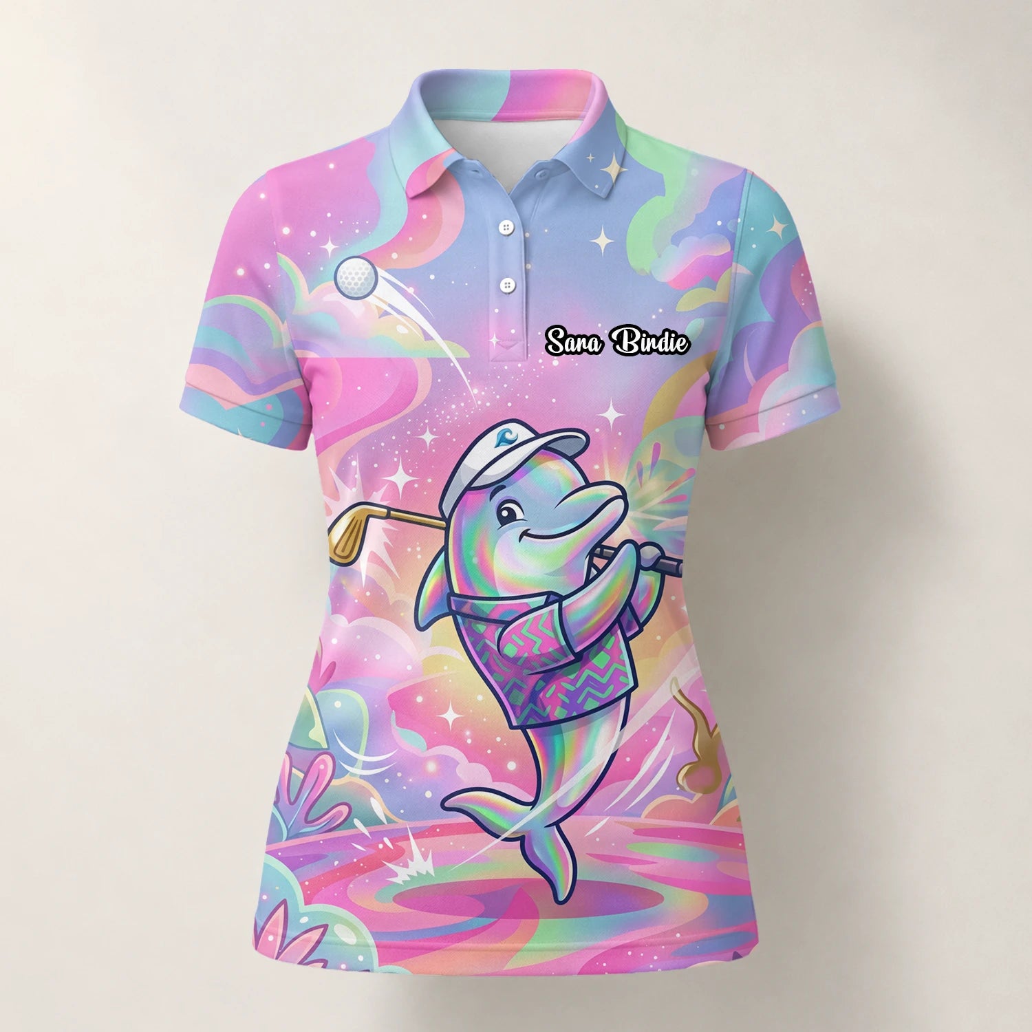 Personalised Pastel Rainbow Dolphin Golfer Cartoon Golf Polo Shirt For Women L3862