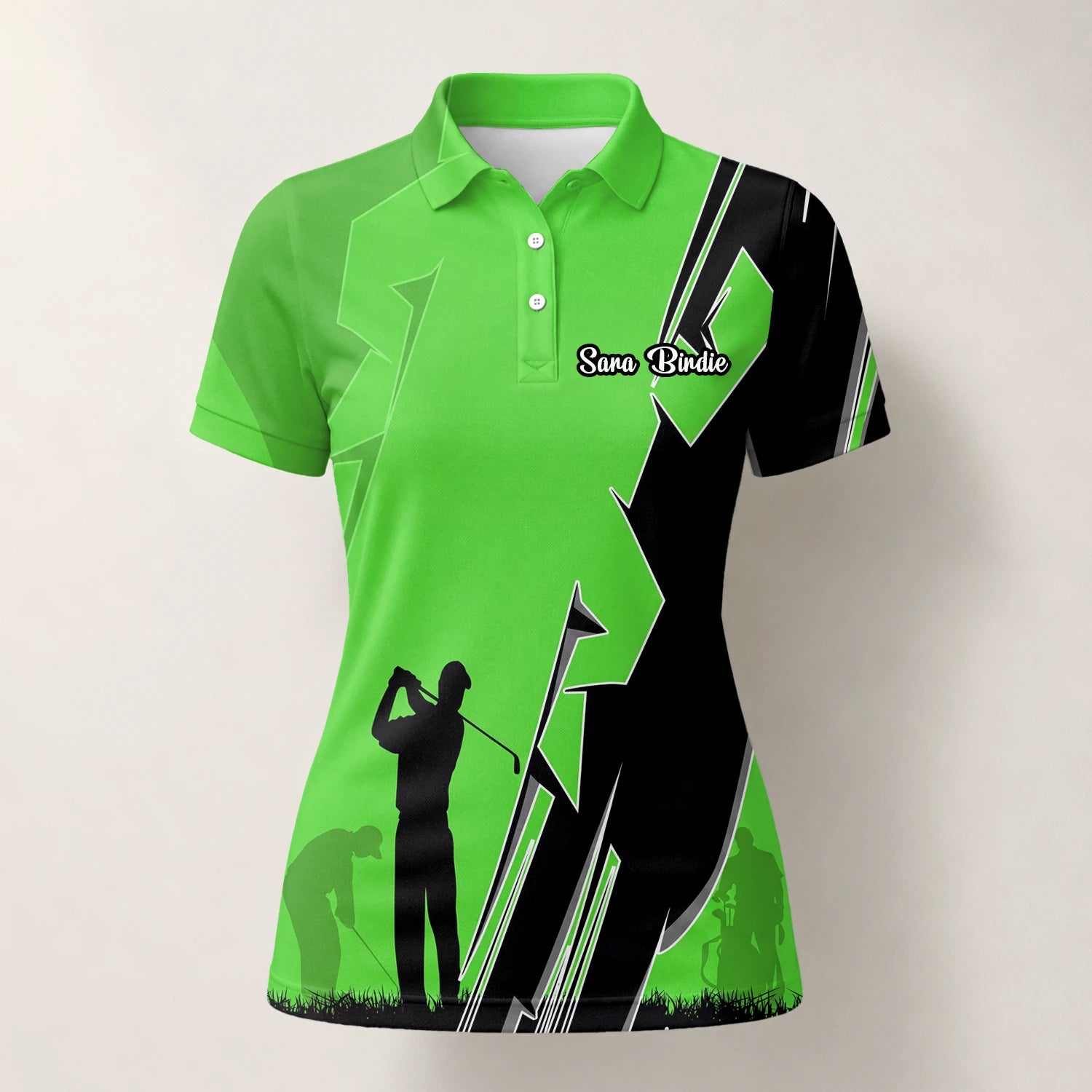 Personalised Lime Green Golfer Silhouette Lightning Golf Polo Shirt For Women V5316