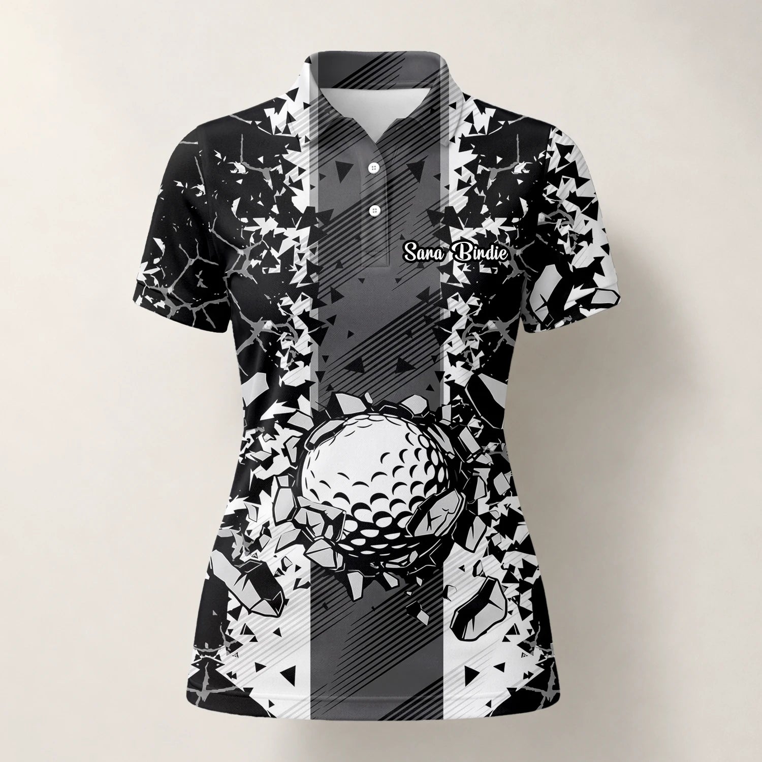Personalised Black White Golf Ball Shattered Glass Golf Polo Shirt For Women F6407