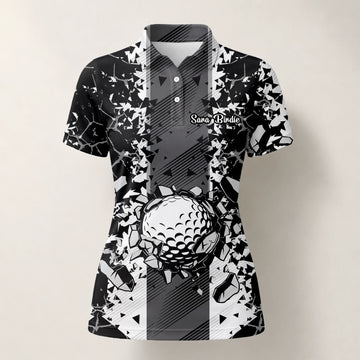 Personalised Black White Golf Ball Shattered Glass Golf Polo Shirt For Women F6407